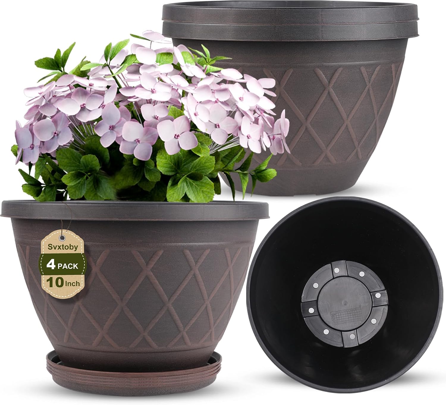 4-Pack 10-Inch Brown Plastic Planters with Drainage