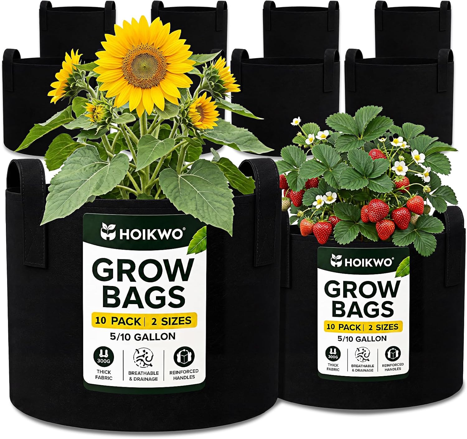 10-Pack Black Non-Woven Grow Bags with Handles, 5 & 10 Gallon